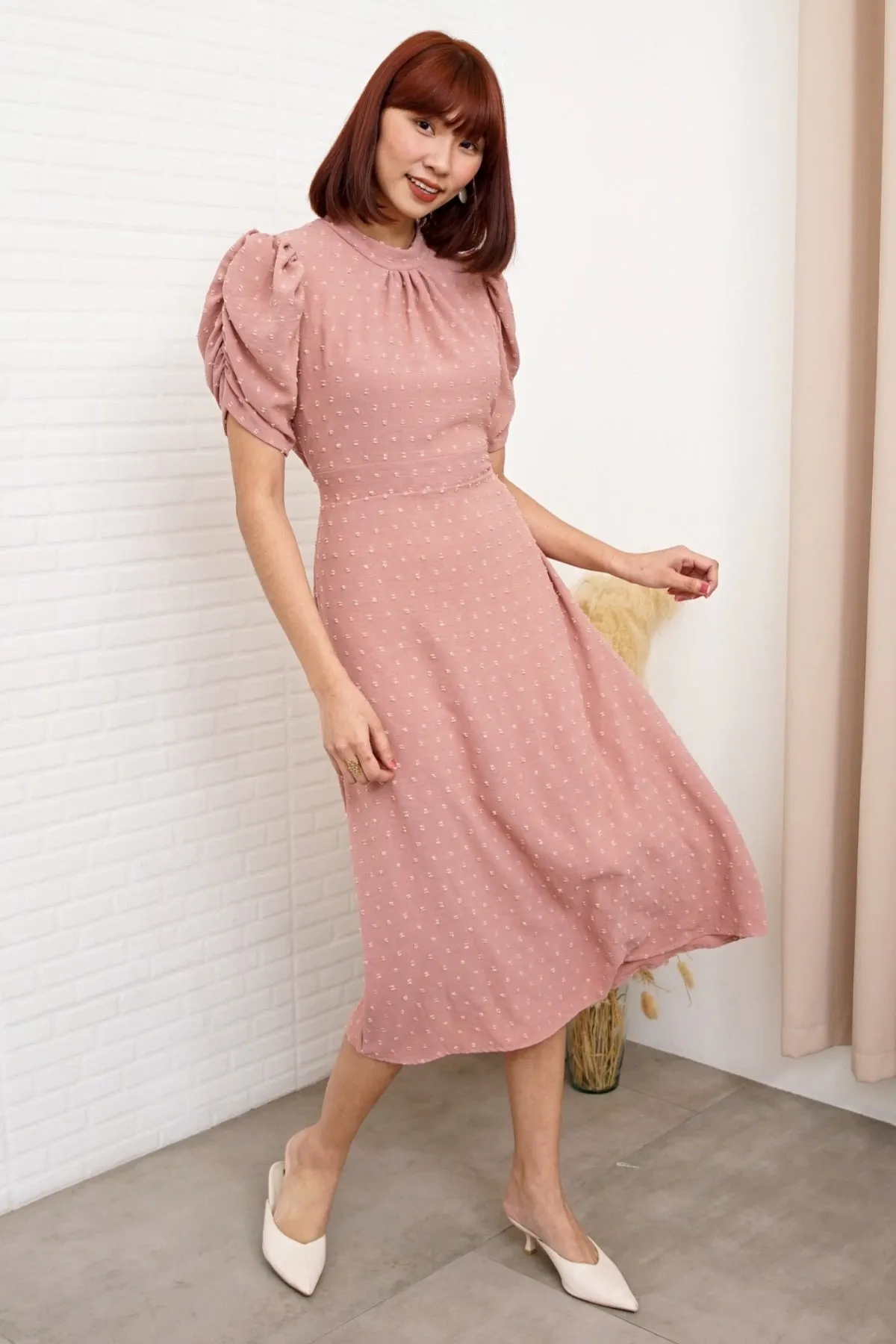REIGN Puff-Sleeve Dobby Dot Midi Dress (Dusty Rose)