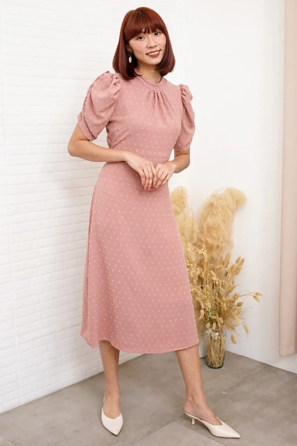 REIGN Puff-Sleeve Dobby Dot Midi Dress (Dusty Rose)