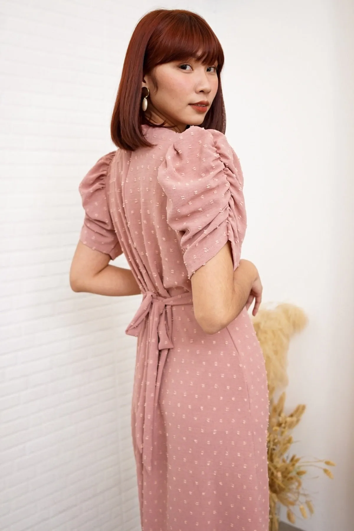 REIGN Puff-Sleeve Dobby Dot Midi Dress (Dusty Rose)