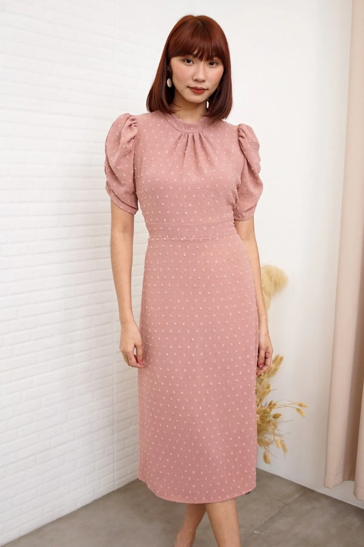 REIGN Puff-Sleeve Dobby Dot Midi Dress (Dusty Rose)