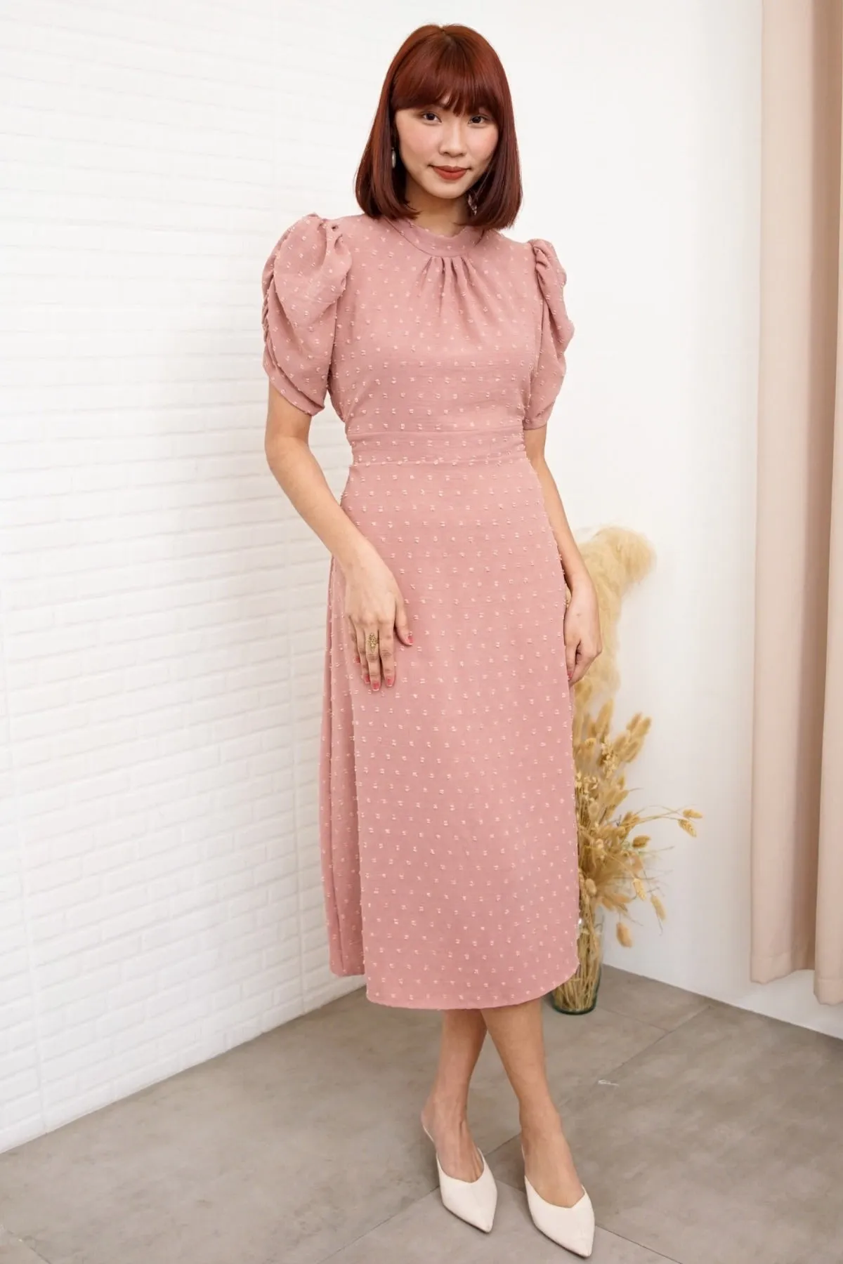 REIGN Puff-Sleeve Dobby Dot Midi Dress (Dusty Rose)