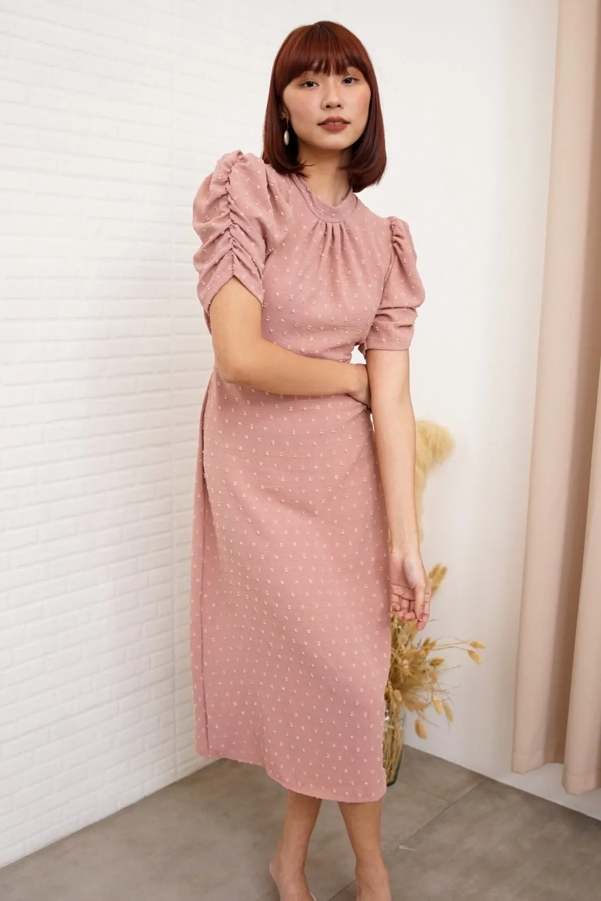 REIGN Puff-Sleeve Dobby Dot Midi Dress (Dusty Rose)