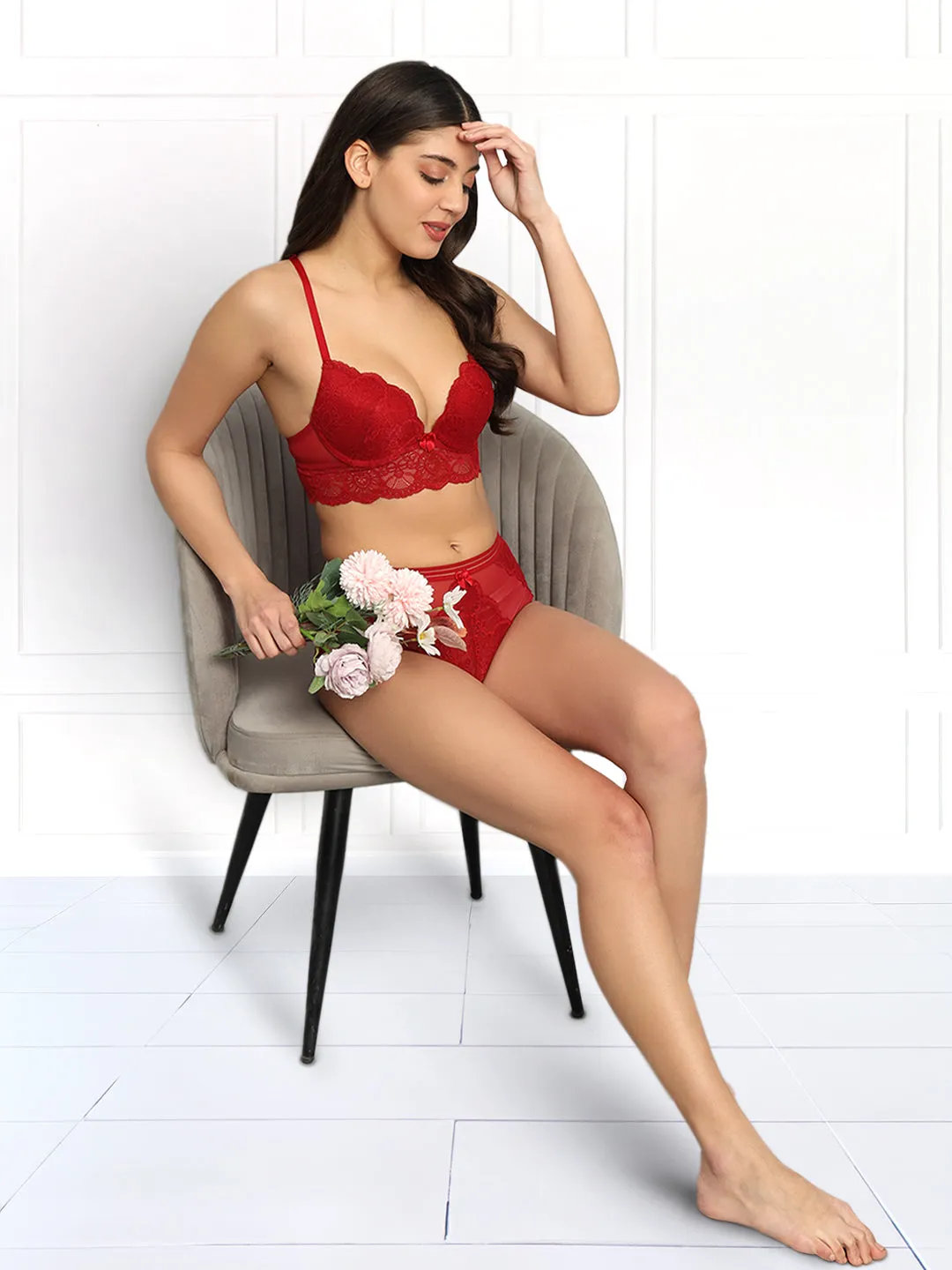 revoue premium sexy lingerie set (racerback laced padded wired full-cup bralette & low waist bikini panty)