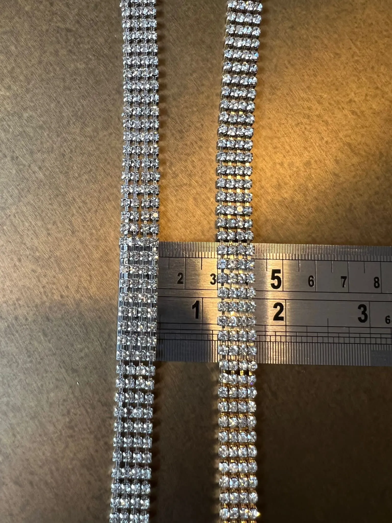 Rhinestone Chain, 4 Row Diamanté Chain, Flexible, Sew on Chain, Bridal, Crafts, Clothing, Silver, Gold