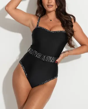 Rhodes Belted Removeable Straps Control Swimsuit In Black & White - Pour Moi