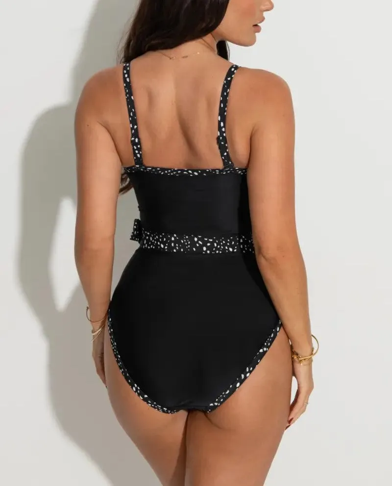 Rhodes Belted Removeable Straps Control Swimsuit In Black & White - Pour Moi