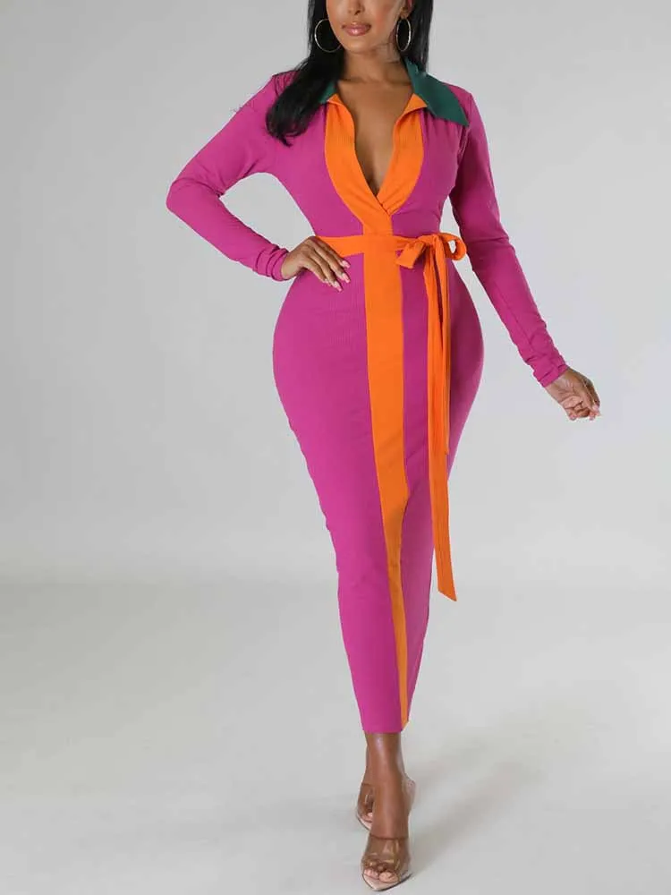 Ribbed Colorblock Belt Dresses