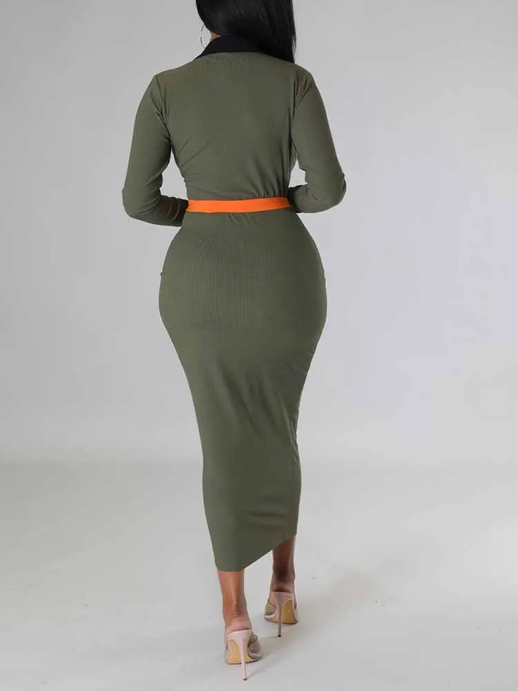 Ribbed Colorblock Belt Dresses