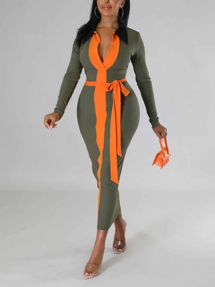 Ribbed Colorblock Belt Dresses