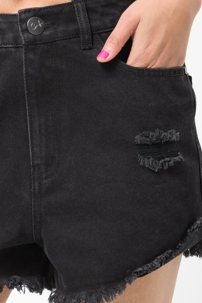 Ripped Denim Shorts Black