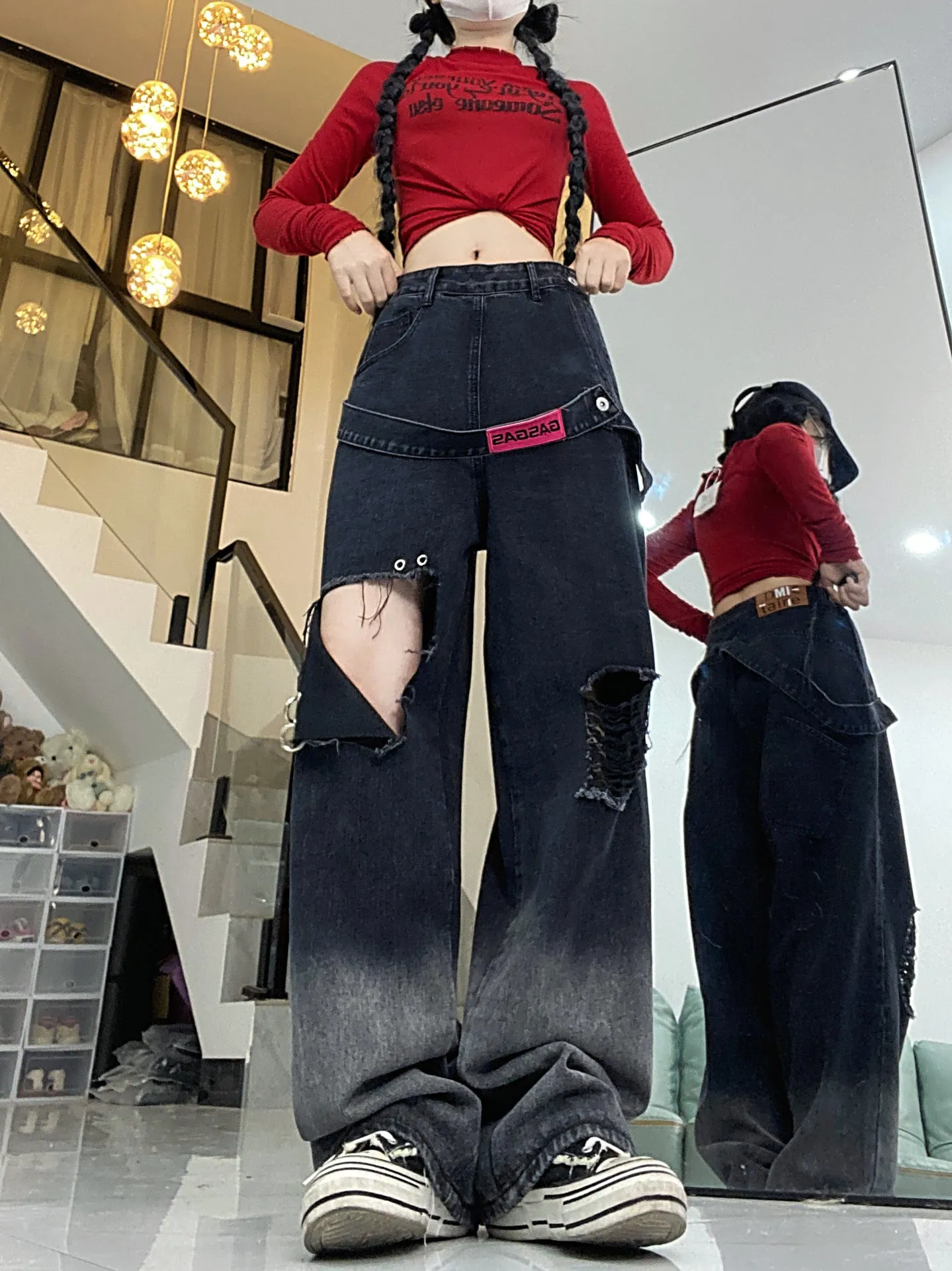 Ripped Straight-Leg Jeans-D849 | Inspanda