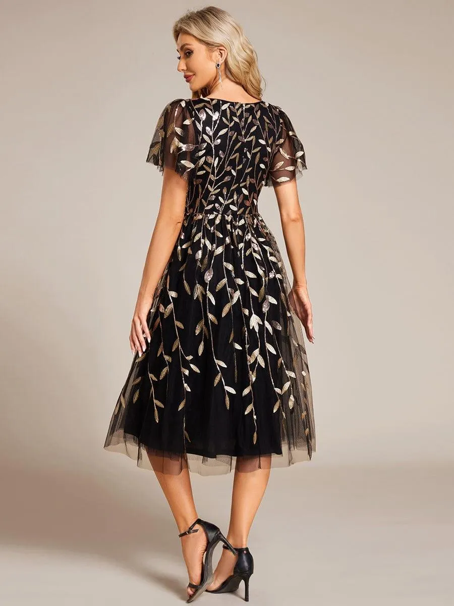 Robe d'invité de mariage formelle mi-longue à paillettes et feuilles à manches courtes