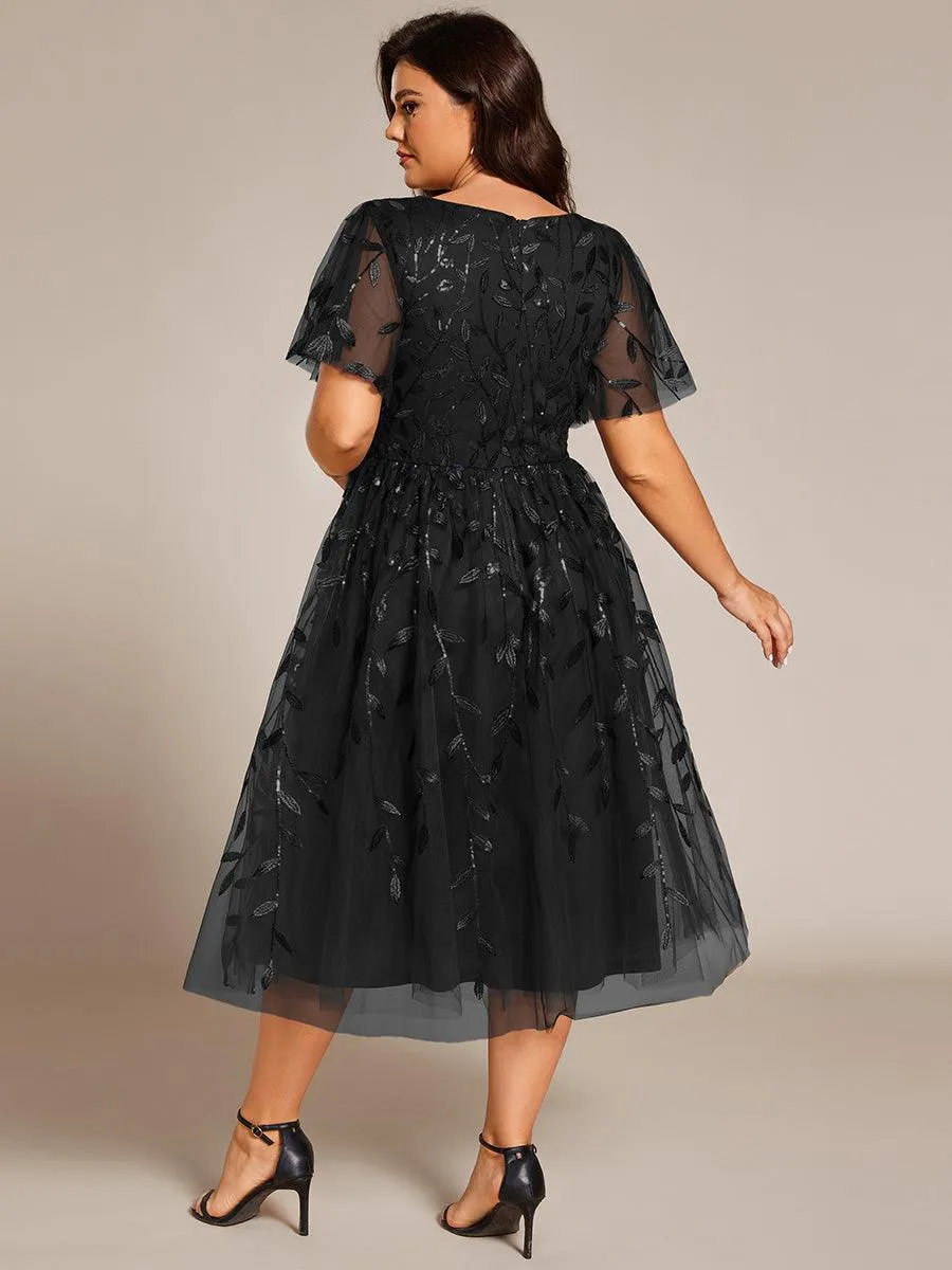 Robe d'invité de mariage formelle mi-longue à paillettes et feuilles à manches courtes
