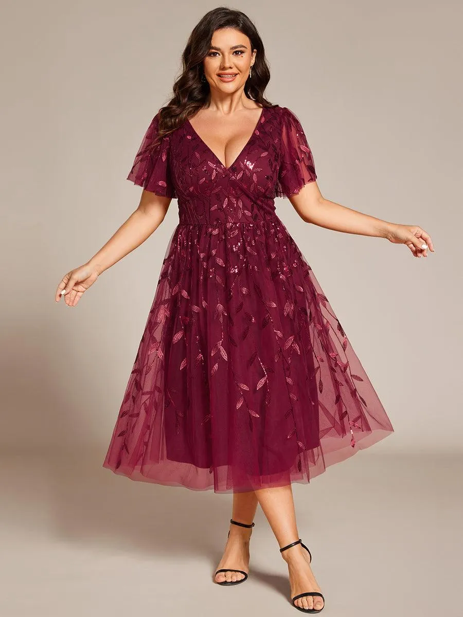 Robe d'invité de mariage formelle mi-longue à paillettes et feuilles à manches courtes