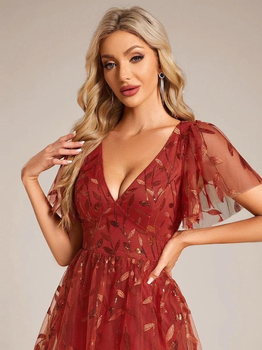Robe d'invité de mariage formelle mi-longue à paillettes et feuilles à manches courtes