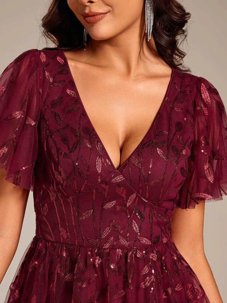 Robe d'invité de mariage formelle mi-longue à paillettes et feuilles à manches courtes