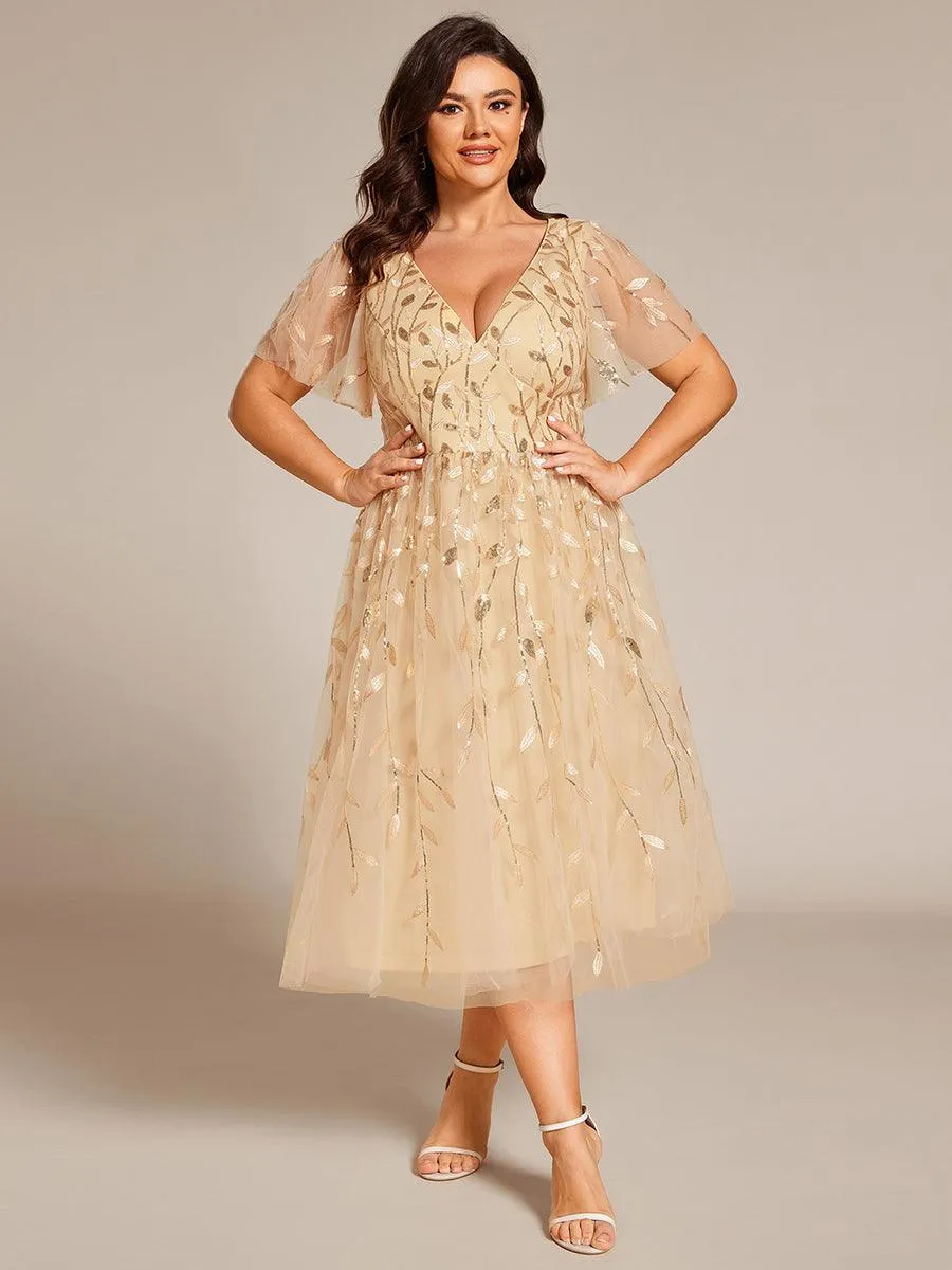 Robe d'invité de mariage formelle mi-longue à paillettes et feuilles à manches courtes