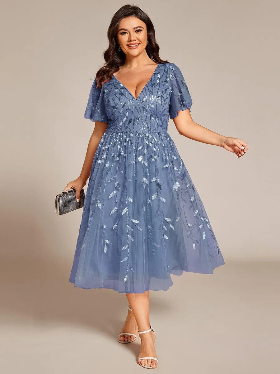 Robe d'invité de mariage formelle mi-longue à paillettes et feuilles à manches courtes