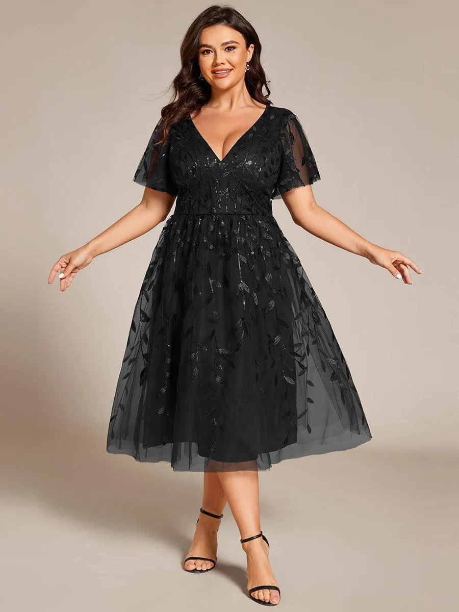 Robe d'invité de mariage formelle mi-longue à paillettes et feuilles à manches courtes