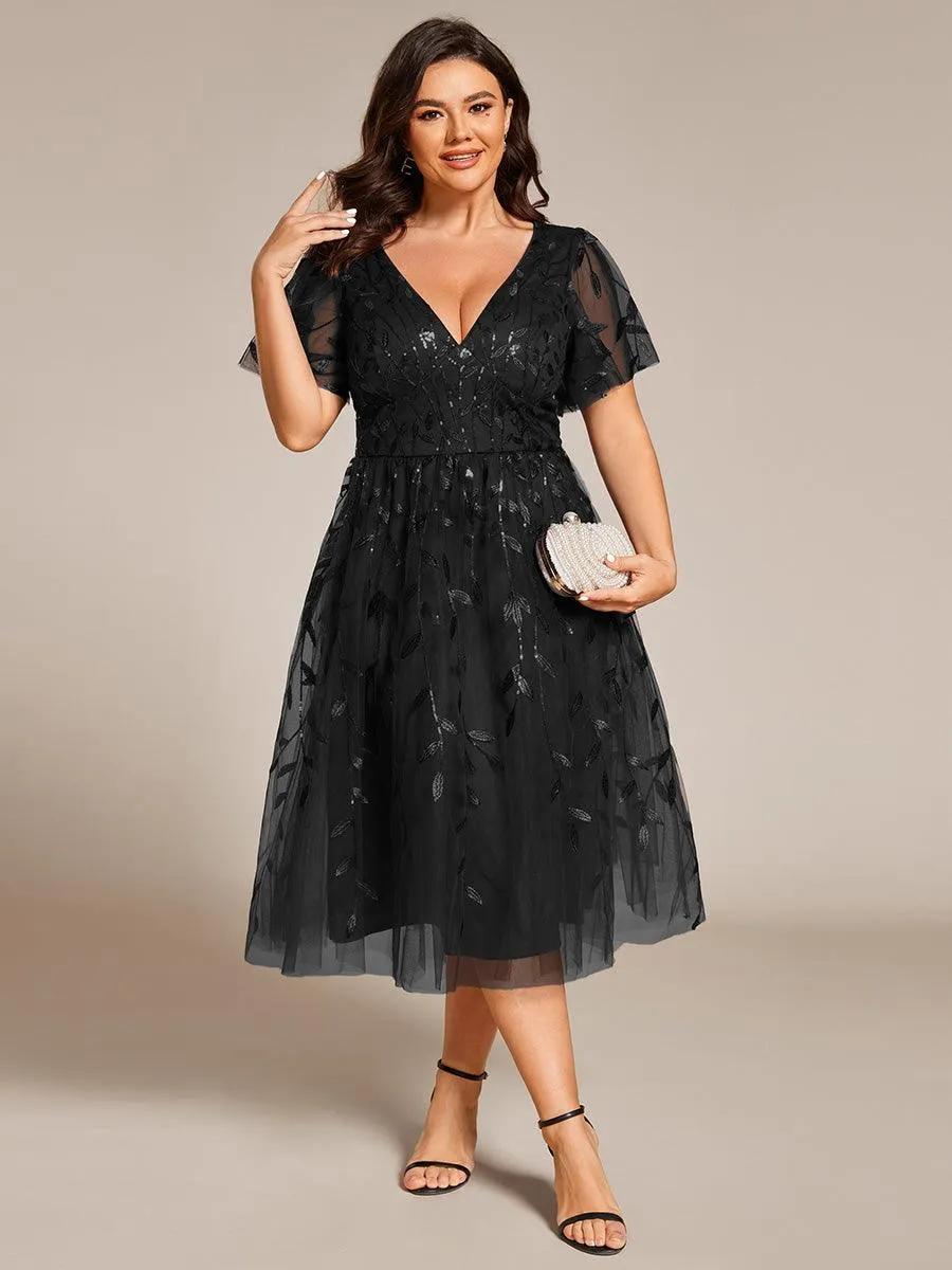 Robe d'invité de mariage formelle mi-longue à paillettes et feuilles à manches courtes