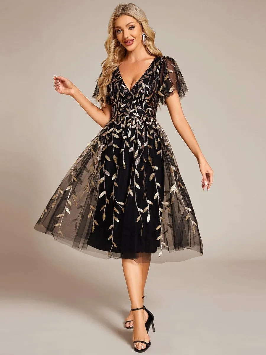 Robe d'invité de mariage formelle mi-longue à paillettes et feuilles à manches courtes