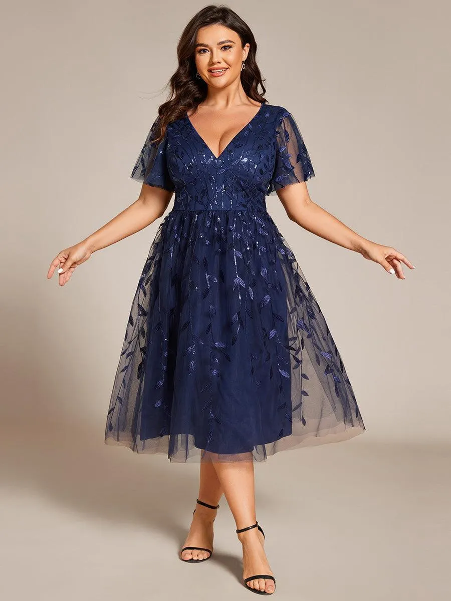 Robe d'invité de mariage formelle mi-longue à paillettes et feuilles à manches courtes