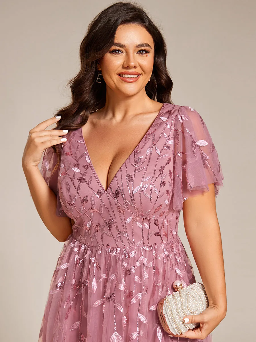Robe d'invité de mariage formelle mi-longue à paillettes et feuilles à manches courtes