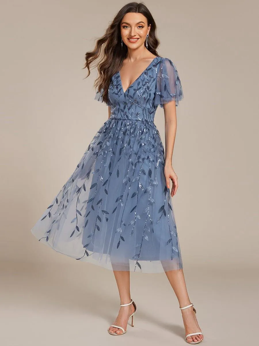 Robe d'invité de mariage formelle mi-longue à paillettes et feuilles à manches courtes