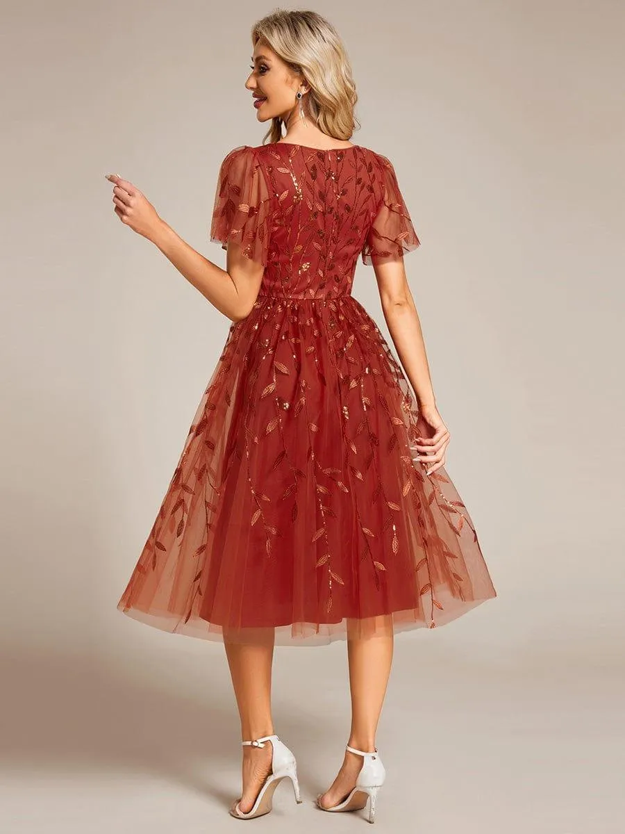 Robe d'invité de mariage formelle mi-longue à paillettes et feuilles à manches courtes