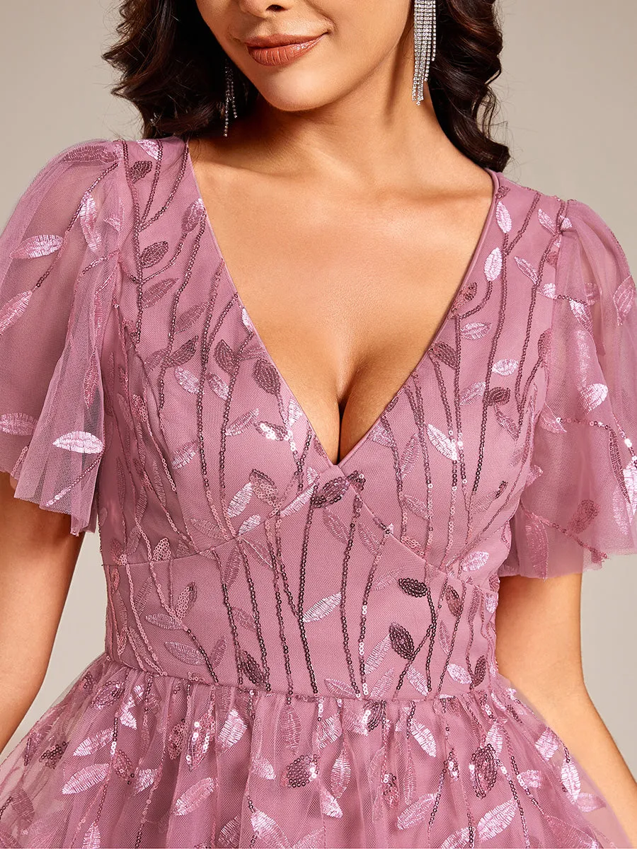 Robe d'invité de mariage formelle mi-longue à paillettes et feuilles à manches courtes
