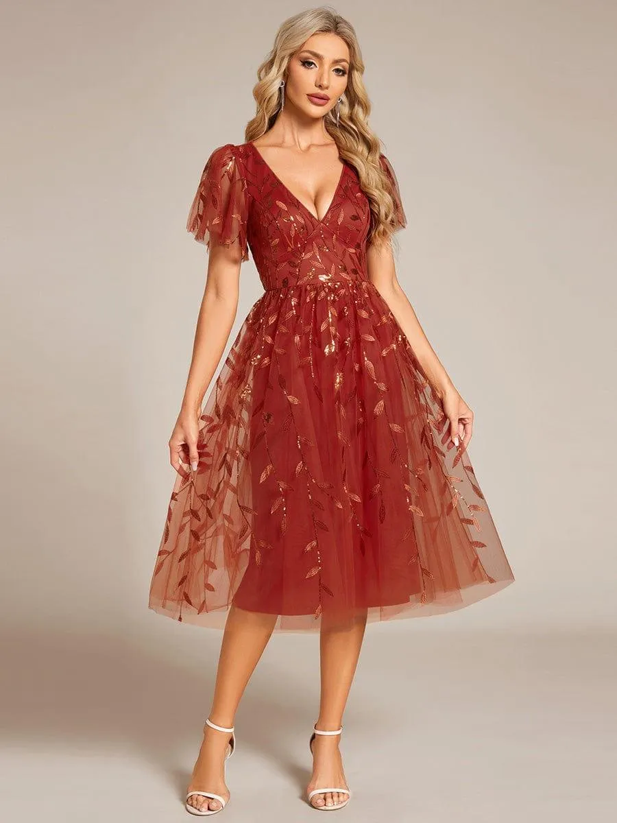 Robe d'invité de mariage formelle mi-longue à paillettes et feuilles à manches courtes