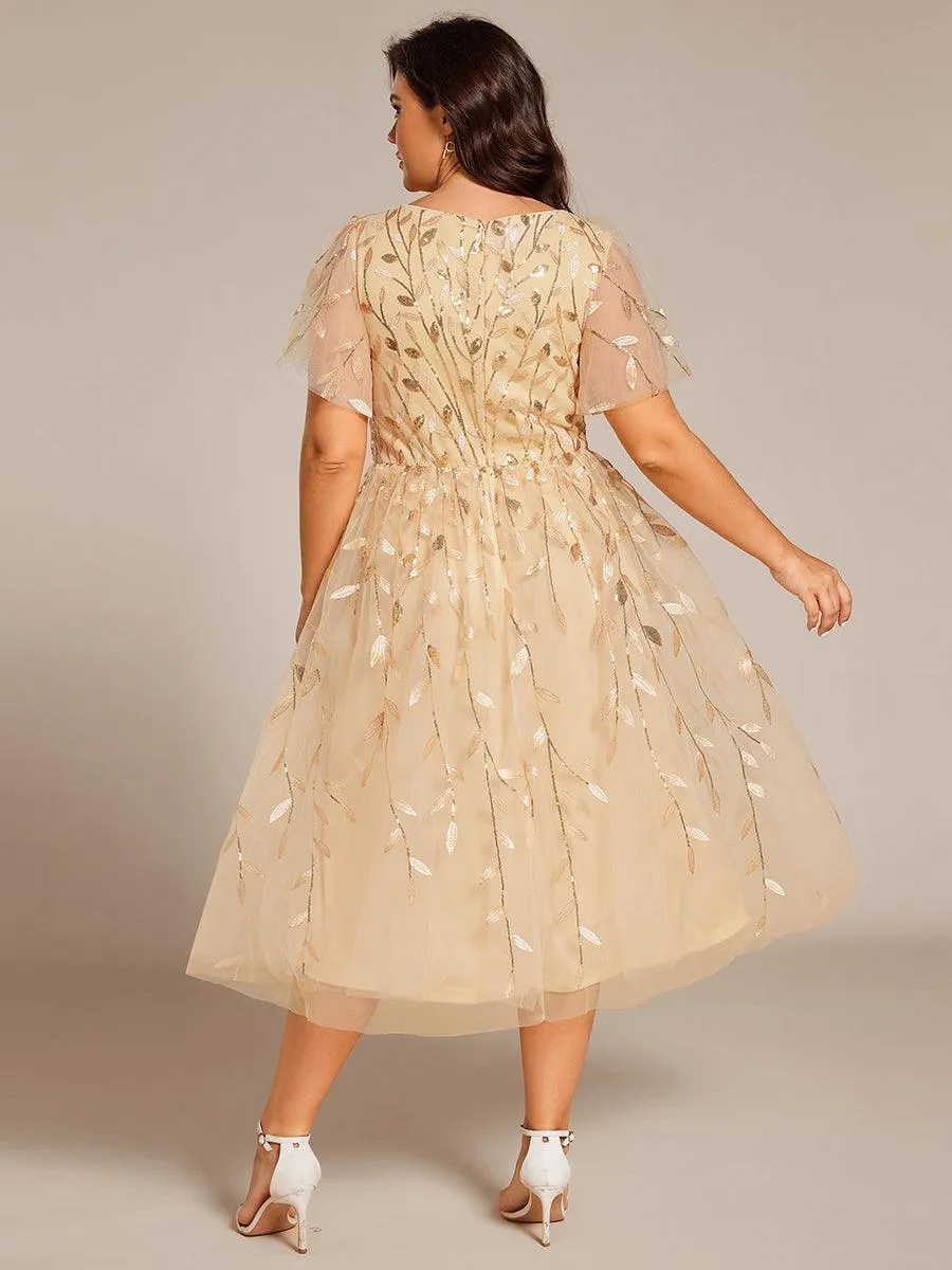 Robe d'invité de mariage formelle mi-longue à paillettes et feuilles à manches courtes