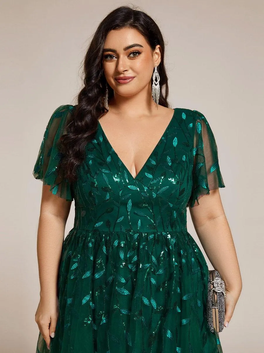 Robe d'invité de mariage formelle mi-longue à paillettes et feuilles à manches courtes