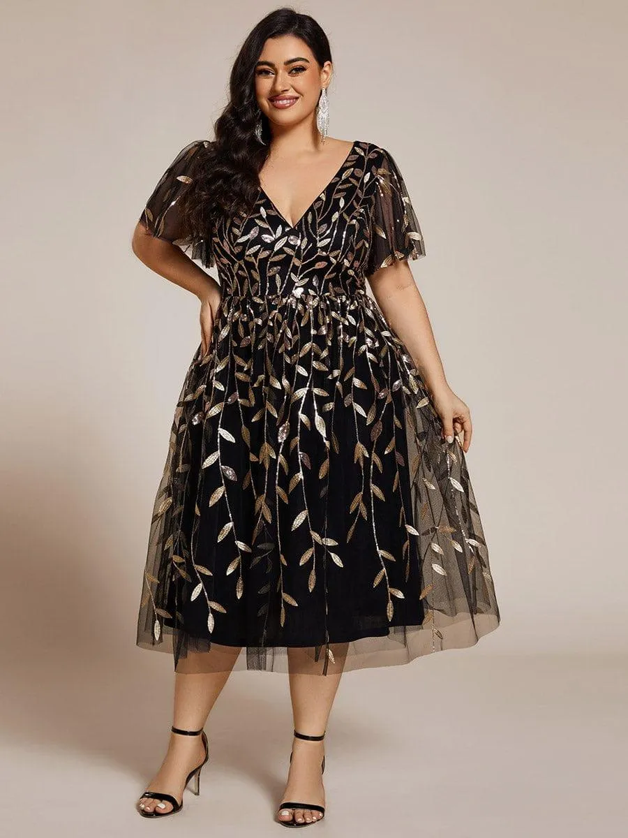 Robe d'invité de mariage formelle mi-longue à paillettes et feuilles à manches courtes