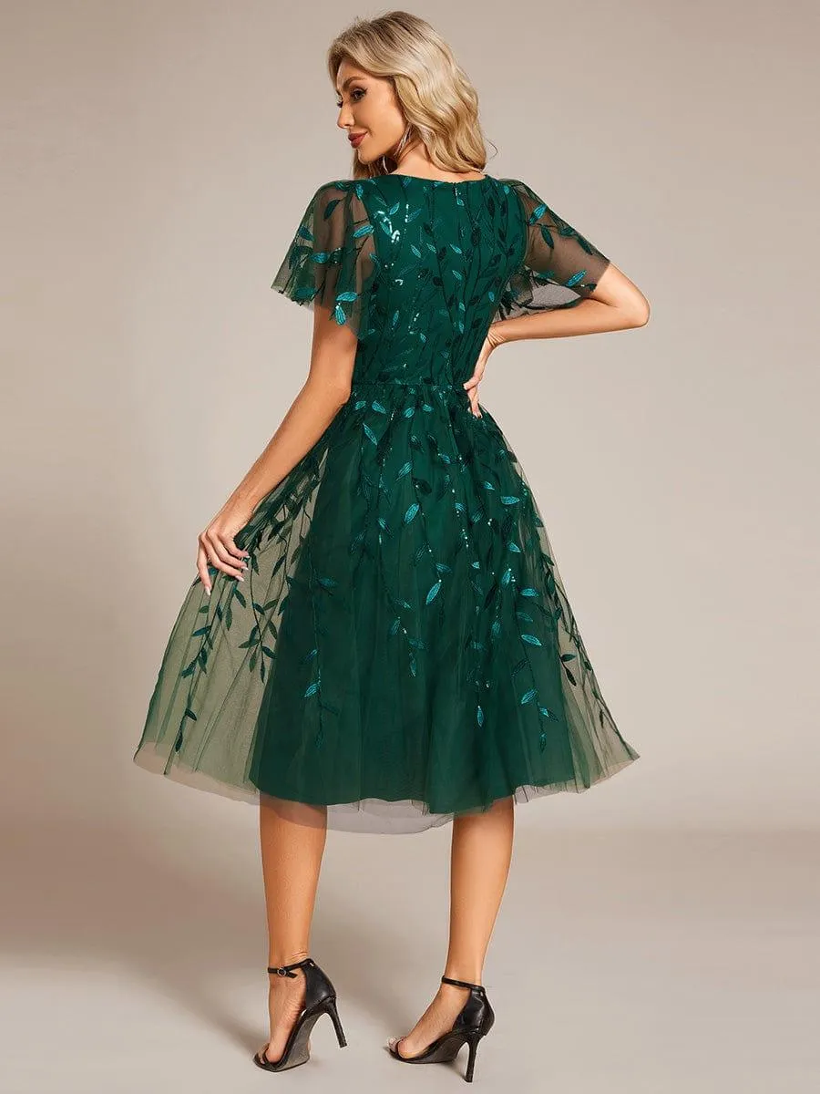 Robe d'invité de mariage formelle mi-longue à paillettes et feuilles à manches courtes