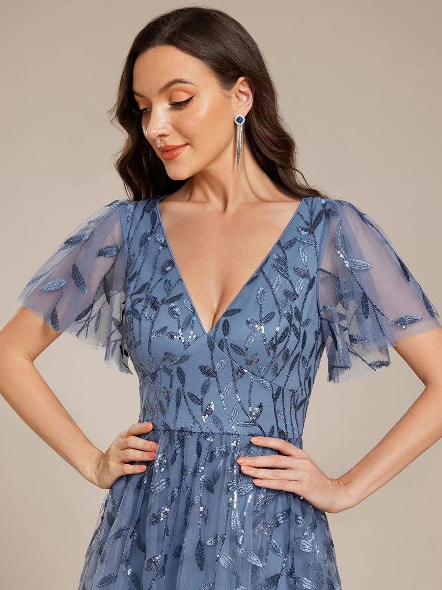 Robe d'invité de mariage formelle mi-longue à paillettes et feuilles à manches courtes