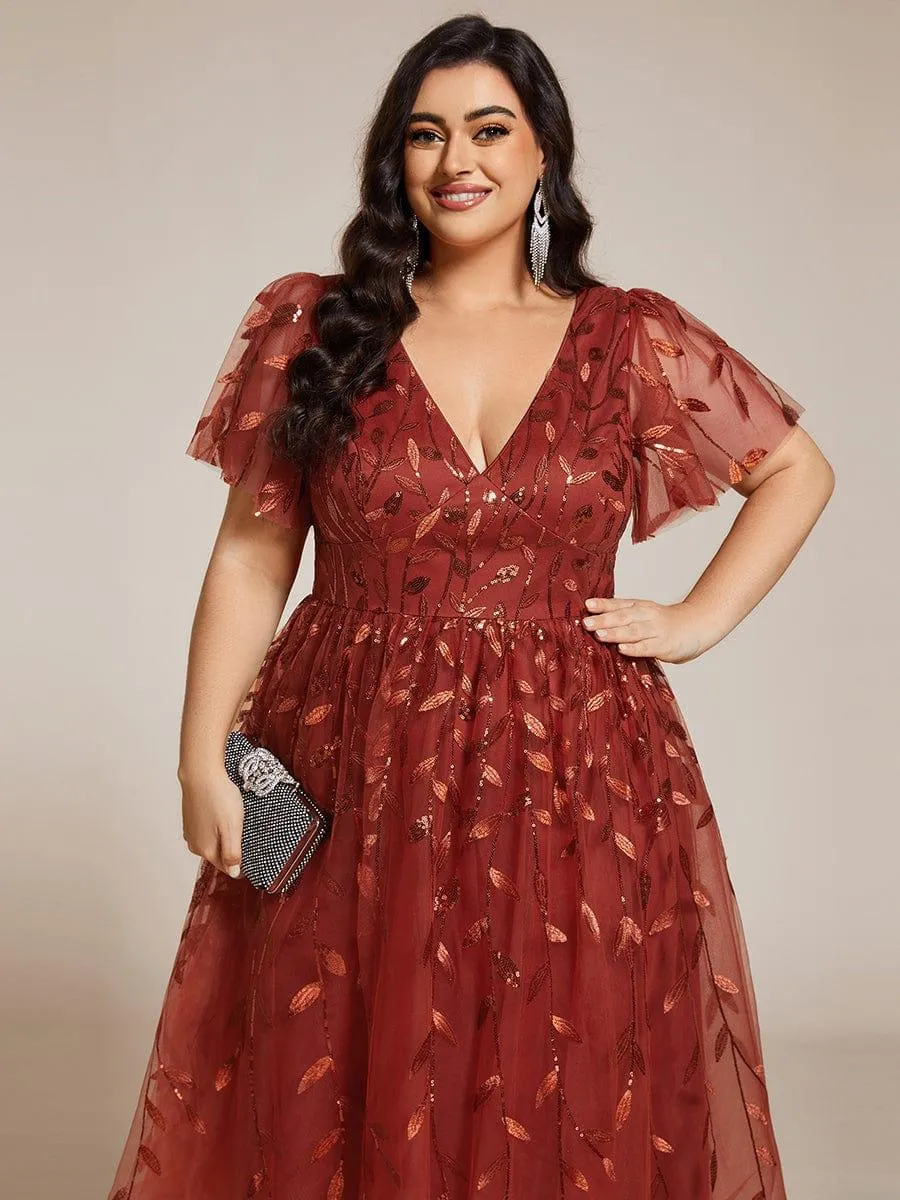 Robe d'invité de mariage formelle mi-longue à paillettes et feuilles à manches courtes