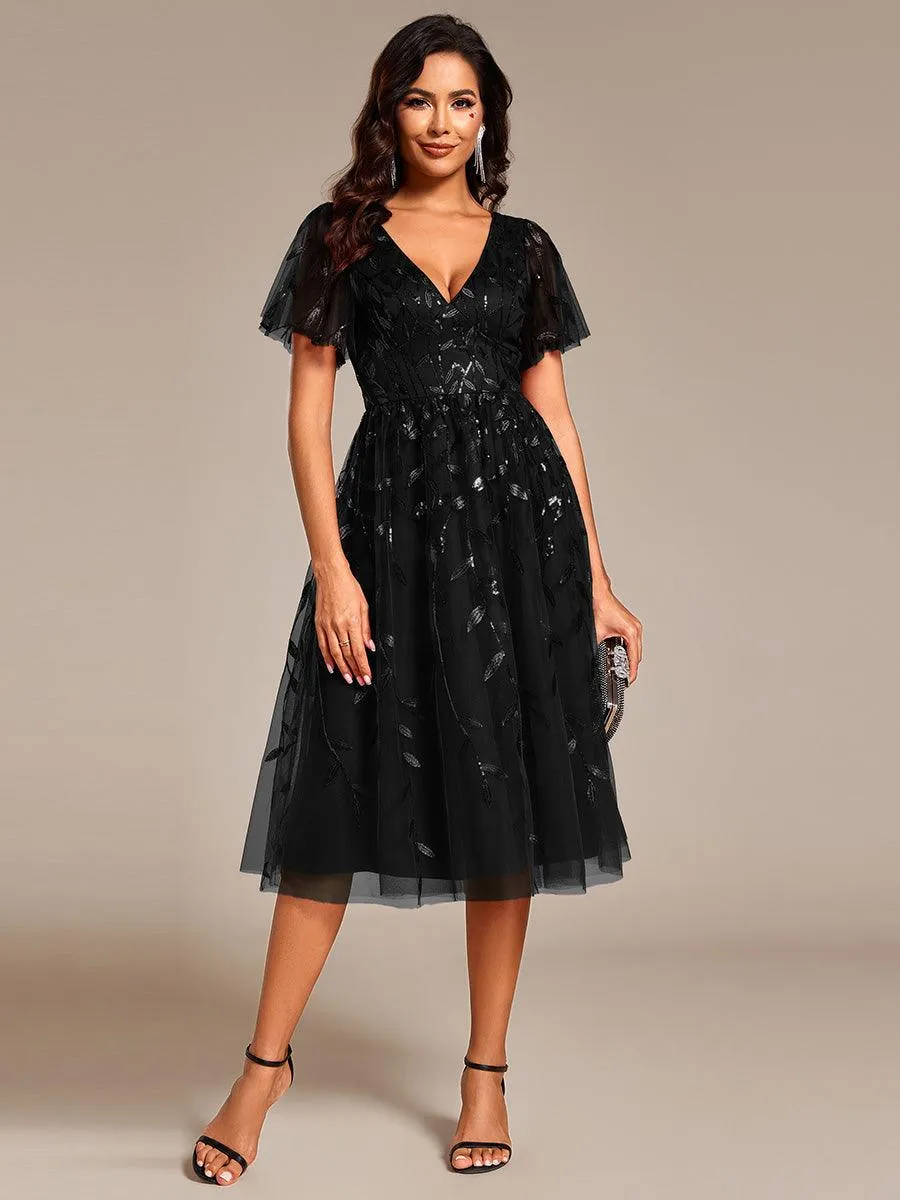 Robe d'invité de mariage formelle mi-longue à paillettes et feuilles à manches courtes