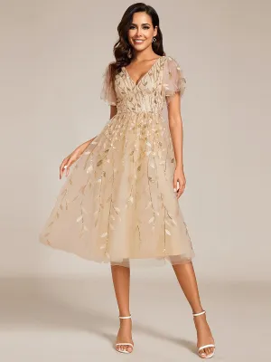 Robe d'invité de mariage formelle mi-longue à paillettes et feuilles à manches courtes