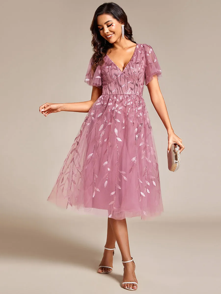 Robe d'invité de mariage formelle mi-longue à paillettes et feuilles à manches courtes