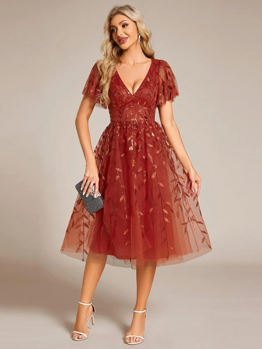 Robe d'invité de mariage formelle mi-longue à paillettes et feuilles à manches courtes