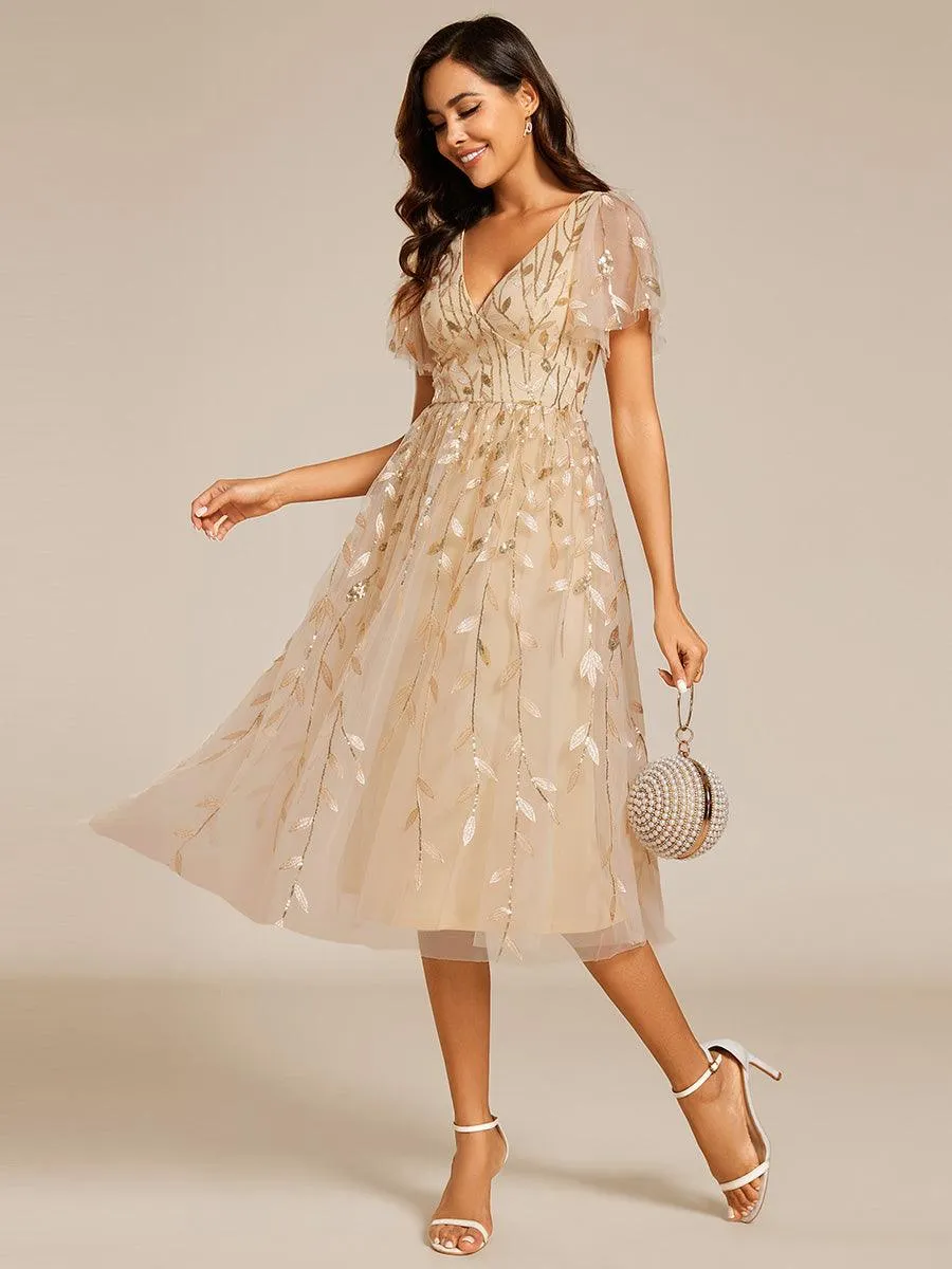 Robe d'invité de mariage formelle mi-longue à paillettes et feuilles à manches courtes