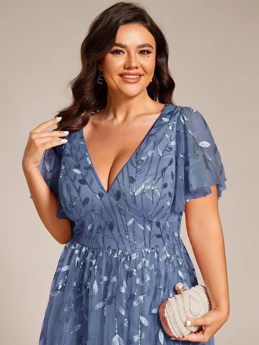 Robe d'invité de mariage formelle mi-longue à paillettes et feuilles à manches courtes