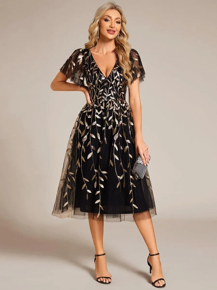 Robe d'invité de mariage formelle mi-longue à paillettes et feuilles à manches courtes