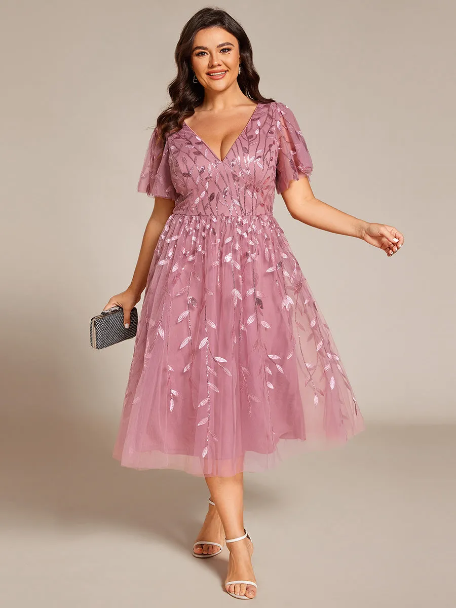 Robe d'invité de mariage formelle mi-longue à paillettes et feuilles à manches courtes
