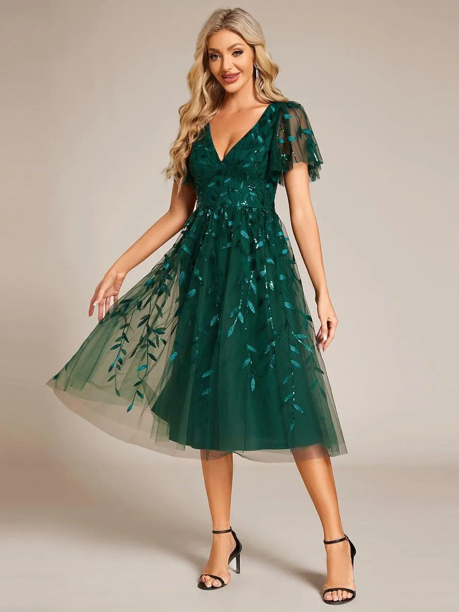 Robe d'invité de mariage formelle mi-longue à paillettes et feuilles à manches courtes