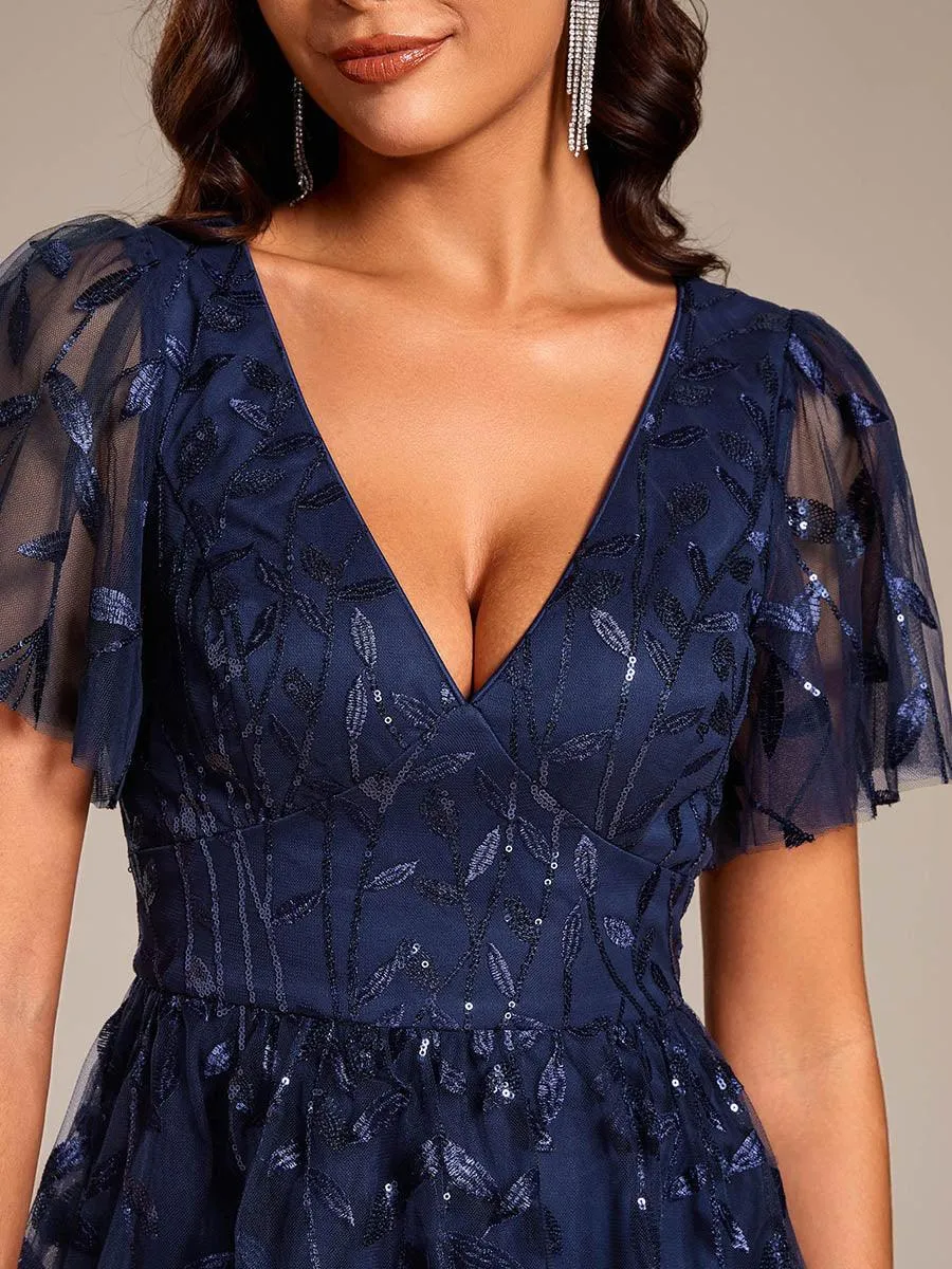 Robe d'invité de mariage formelle mi-longue à paillettes et feuilles à manches courtes