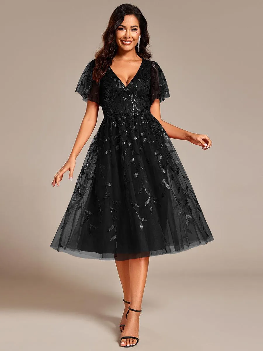 Robe d'invité de mariage formelle mi-longue à paillettes et feuilles à manches courtes