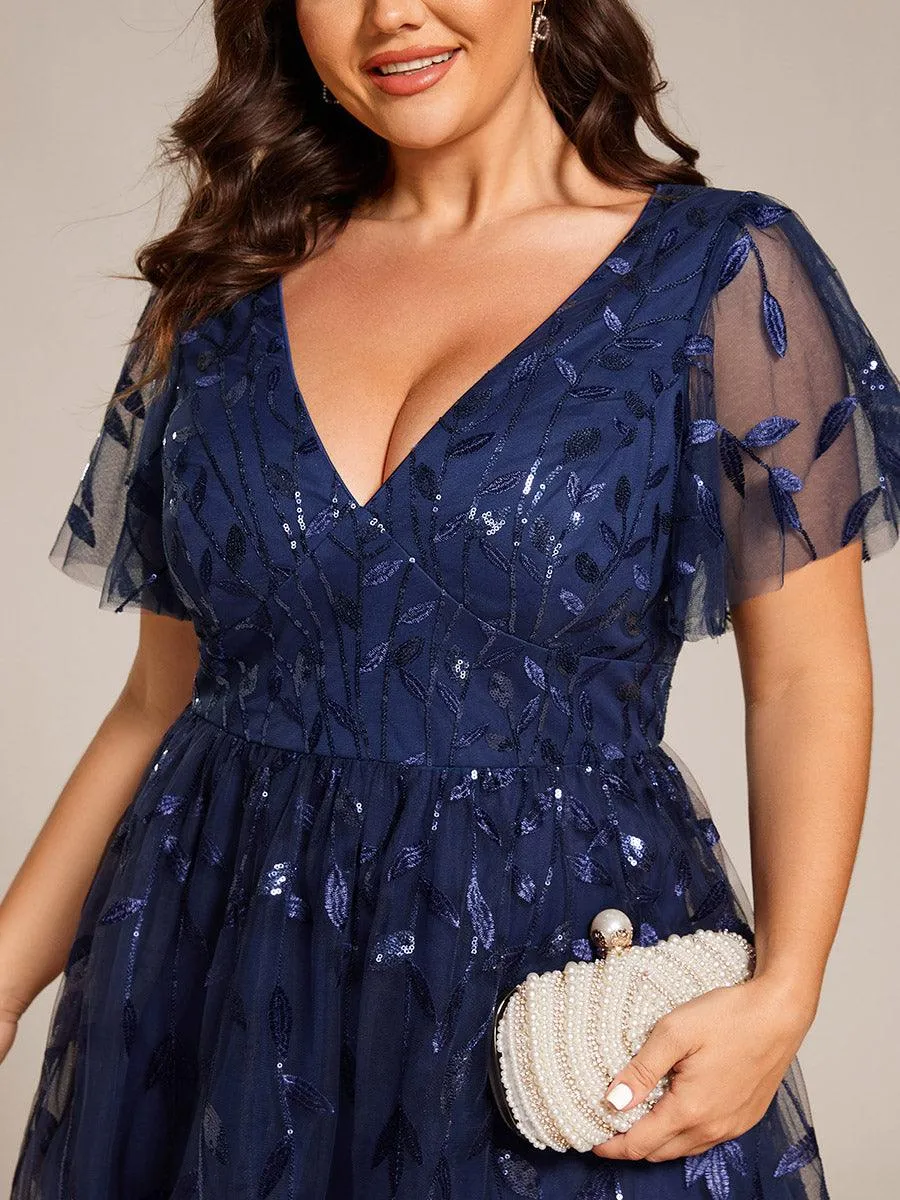 Robe d'invité de mariage formelle mi-longue à paillettes et feuilles à manches courtes