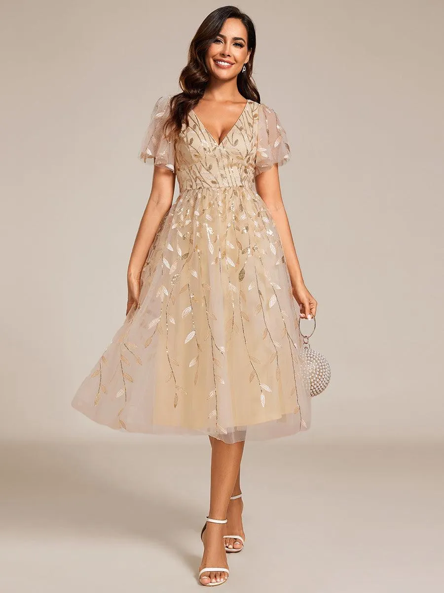 Robe d'invité de mariage formelle mi-longue à paillettes et feuilles à manches courtes